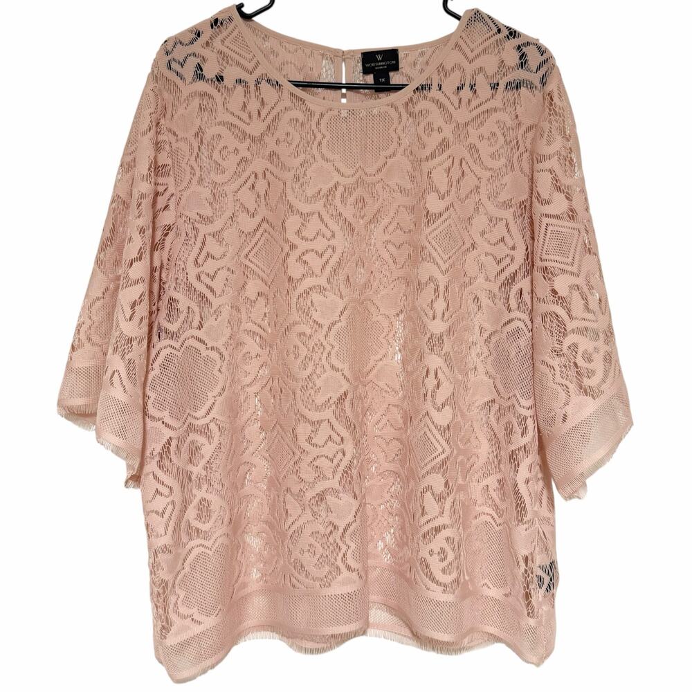 WORTHINGTON Pink Cut Out Overlay Blouse Size 1X Short Sleeve Business Casual